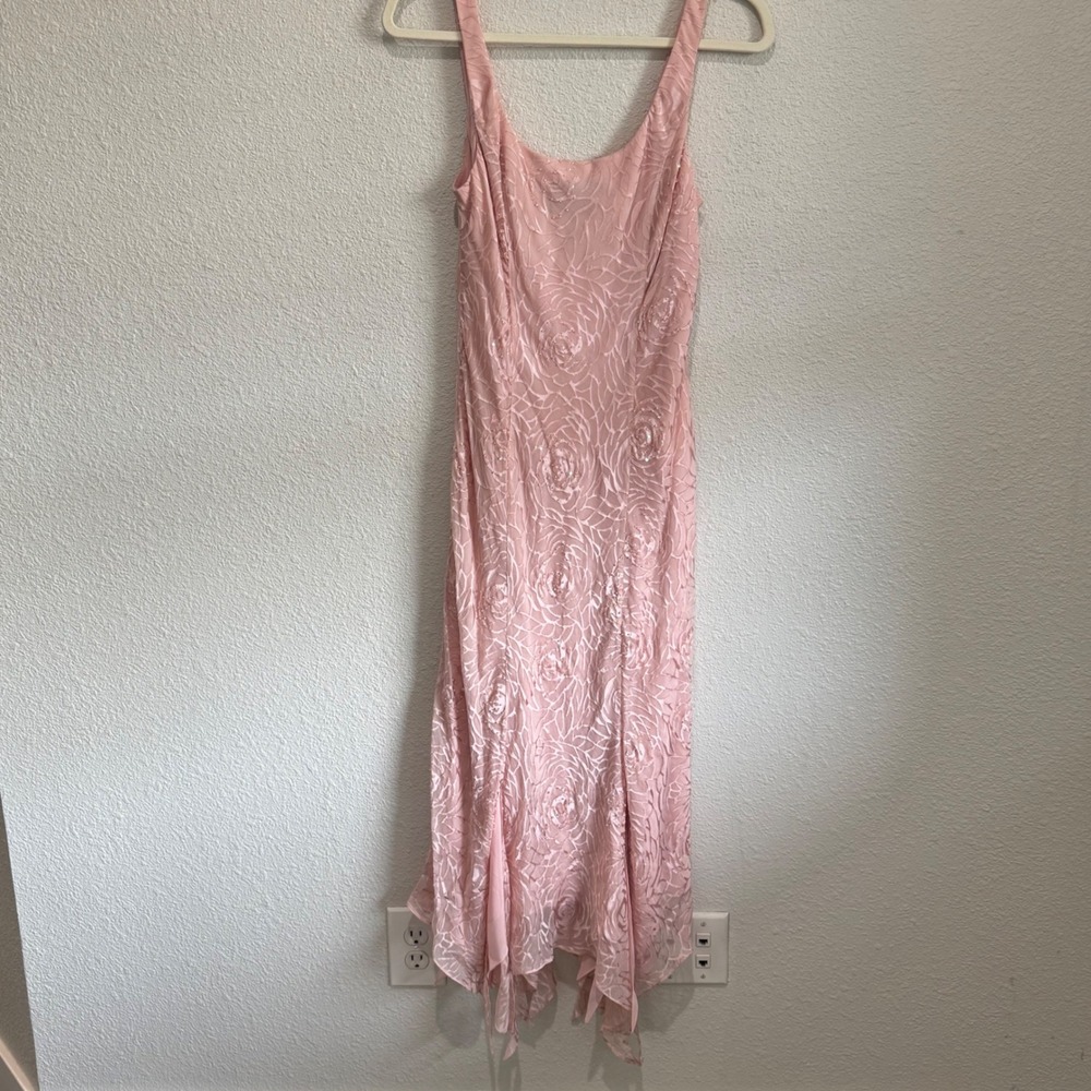 Y2K Alex Evenings Pink Silk Floral‎ Rose Burnout Beaded Handkerchief Fairy Dress
